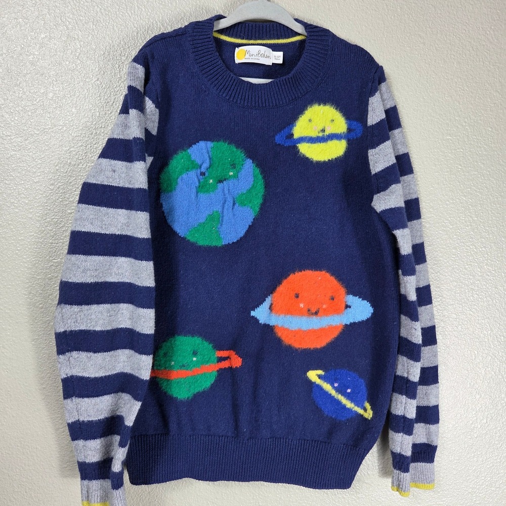 Mini Boden Kids 11-12Y Space Planet Wool Blend Sweater Navy Striped Sleeves